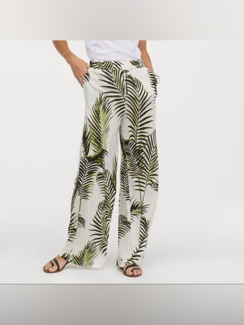 H&M Tropical Palm Leaf Ivory White Green Crepe Pull On Pants Trousers Size 2